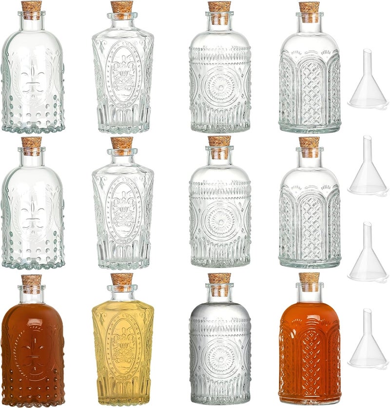 TBWIND 12 Pack 6oz Glass Bottles with Cork Stoppers, 200ml Clear Glass Liquor Bottles with 4 Vintage Patterns, Refillable Whiskey Bottles for Wine, Oil, Vinegar, Kombucha, Wedding Favors - Image 1